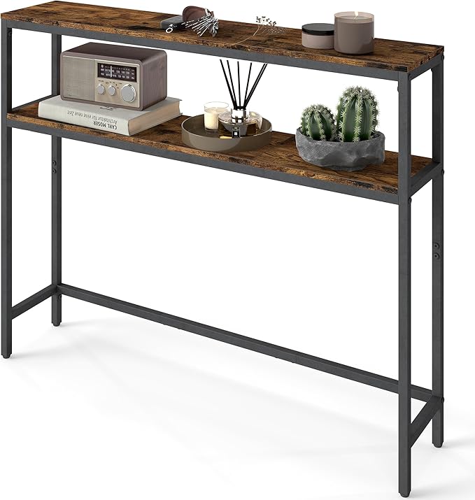 VASAGLE Console Table, 2-Tier Narrow Sofa Table with 2 Shelves, 7.9 x 39.4 x 31.5 Inches, for Living Room, Hallway, Entryway, Rustic Brown and Ink Black ULNT131K01V1