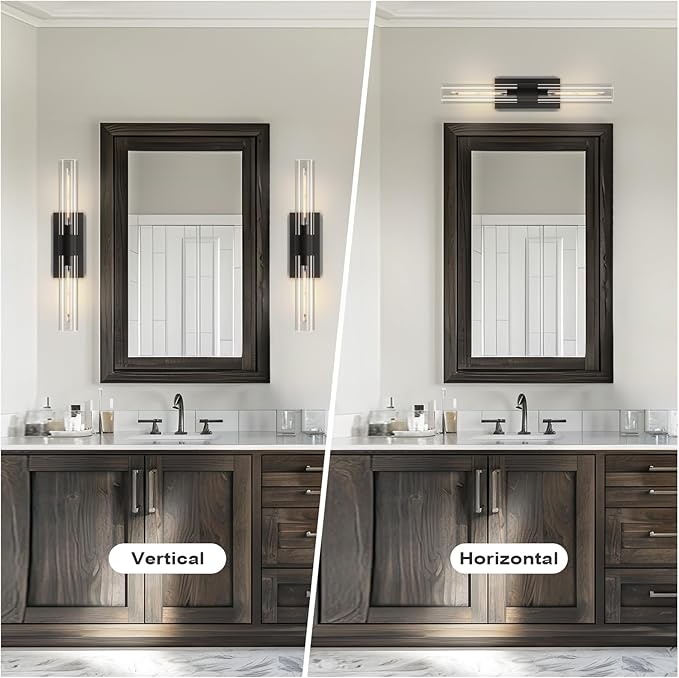 Black Wall Sconce for Bathroom Vanity, Copper Wall Light Fixtures, 22.8" Modern Two Glass Tube Wall Sconce, Indoor Wall Mounted Sconce for Bathroom Mirror, Bedroom, Living Room