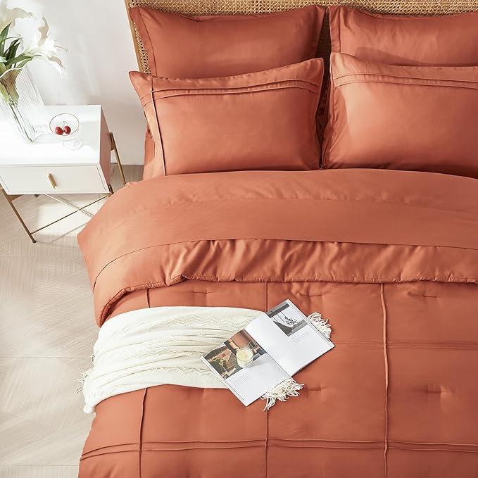 Yogeneg Full Size Comforter Set 7 Piece Bed in a Bag,Grid Pinch Pleat Terracotta Bedding Set,Striped Textured Soft Microfiber Comforter with Sheet Set,All Season Complete Bed Set(Terracotta,Full)