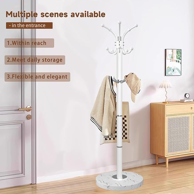 Metal Coat Rack Stand with Natural Marble Base, Modern Coat Rack Freestanding, 360°Rotary Coat Racks with 14 Hooks, Heavy Duty Coat Hall Tree Hanger Stand for Entryway, Office