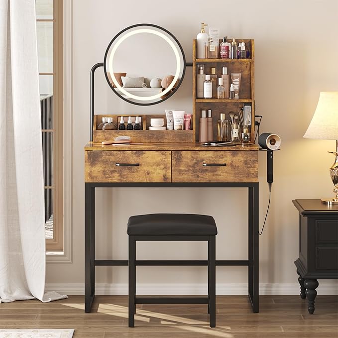 Makeup Vanity Desk with Round Mirror and Lights, Vanity Makeup Table with 2 Drawers, Small Vanity Table for Bedroom with Lots Storage (Brown with Charging, 15.75 * 31.5 * 53.6in)