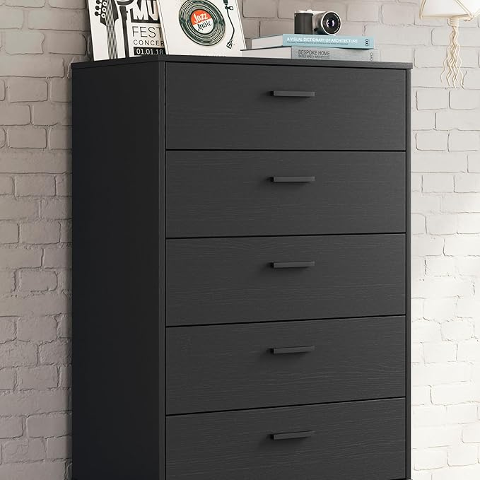 Signature Design by Ashley Socalle Modern 5 Drawer Chest with Safety Stop and Metal Legs for Bedroom, Black