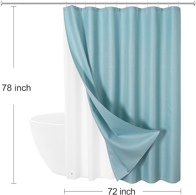 3 in 1 Long Shower Curtain Set-72 W x 78 H, Teal Blue Waffle and PEVA Liner Set with 12 Stainless Steel Hooks, Waterproof Fabric for Bathroom
