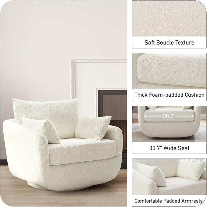 360° Swivel Accent Armchair, 39.3" Oversized, Sherpa Boucle Fabric Sofa Chair with Removable Back & Arm Pillows, Cream White Swivel Chair with Cozy Soft Padded, No Assembly Required