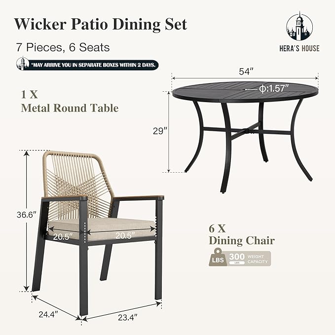 HERA'S HOUSE 5 Pieces Patio Dining Set, 4 x Woven Rattan Dining Chairs with Cushions, 42" Metal Round Dining Table, Patio Table and Chairs Set for Lawn Garden Backyard Deck