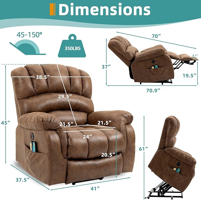 MEETWARM Large Power Lift Electric Recliner Chair with Extended Footrest for Elderly, Big and Tall Lift Chair for Seniors Reclining Chair for Living Room with Massage and Heated,USB Ports(Brown)