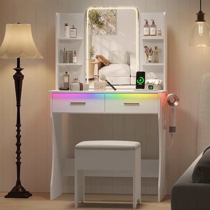 Small Vanity Desk with Mirror and Lights, Makeup Vanity with LED Lights, White Vanity Mirror with Lighted Desk and Chair, 3 Lighting Adjustable Compact Dressing Table with Mirror for Women, Girls