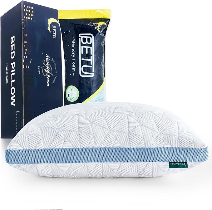 BETU Cooling Pillow King Size, Shredded Memory Foam Pillows for Hot Sleepers, Adjustable Firm Bed Pillows, Hotel Collection Side Sleeper Pillow for Back Pain, Neck, Blue, 20”x36”