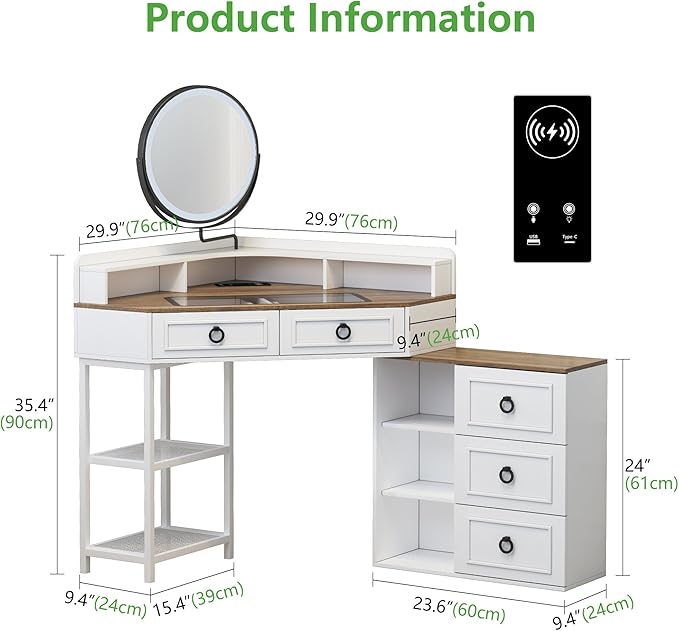 Corner Vanity Desk with Lighted Rotating Mirror and Lights, Glass Top Makeup Vanity with Corner Shelf&5 Drawers, Girls Vanitys with Charging Station,Jewelry Organizers for Bedroom,White