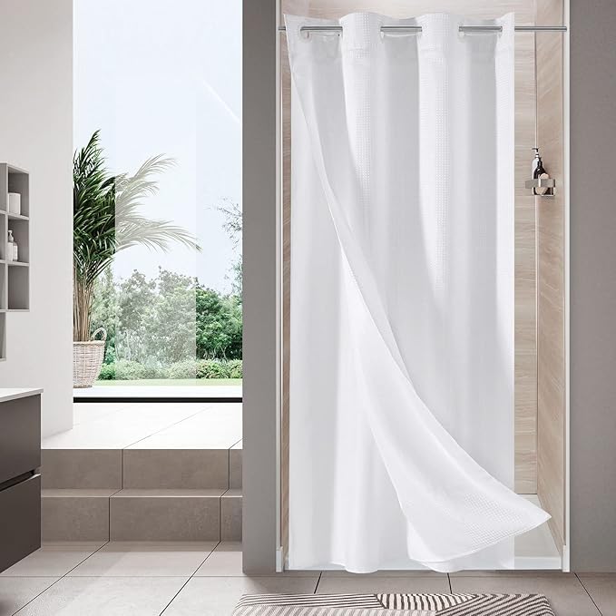 MitoVilla White Waffle Small Stall Shower Curtain 36 x 74, No Hooks Required Half Size Narrow Fabric Shower Curtain Set with Snap-in Liner for Modern Bathroom Decor