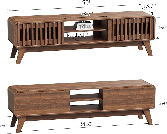 TV Stand 59" Mid-Century Modern Television Stand for 55/60/65 inch TV, Wood Entertainment Center with Storage, TV and Media Console for Living Room, Bedroom, Office (Walnut)