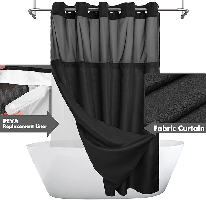 No Hook Slub Textured Shower Curtain with Snap-in PEVA Liner Set - 71" x 74"(72"), Hotel Style with See Through Top Window, Machine Washable & Water Repellent Fabric, Black, 71x74