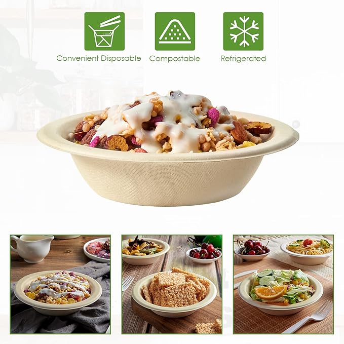 Vplus 500 Pack 12 OZ Paper Bowls Bulk, Disposable Compostable, Eco-friendly Bagasse, Heavy-duty Bowls Perfect for Milk Cereals, Snacks, Salads Nature