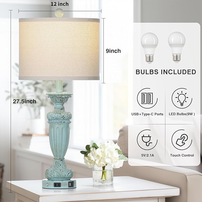 27.5" Farmhouse Resin Table Lamps Set of 2 for Living Room 3-Way Dimmable Table Lamp with USB C+A Ports,Light Blue Desk Lamps,Traditional Bedside Lamps Use for Bedroom Nightstand (Blue)