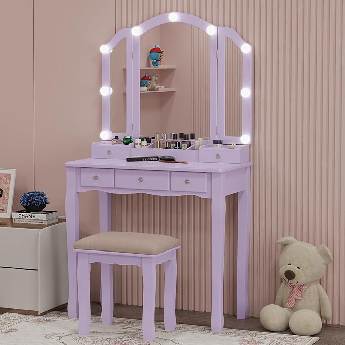 Purple Vanity Desk with Mirror and Lights Purple Vanity for Girls Makeup Vanity Desk with Lights Vanity Table with Lighted Mirror Make Up Vanity Desk with Drawers and Chair Set