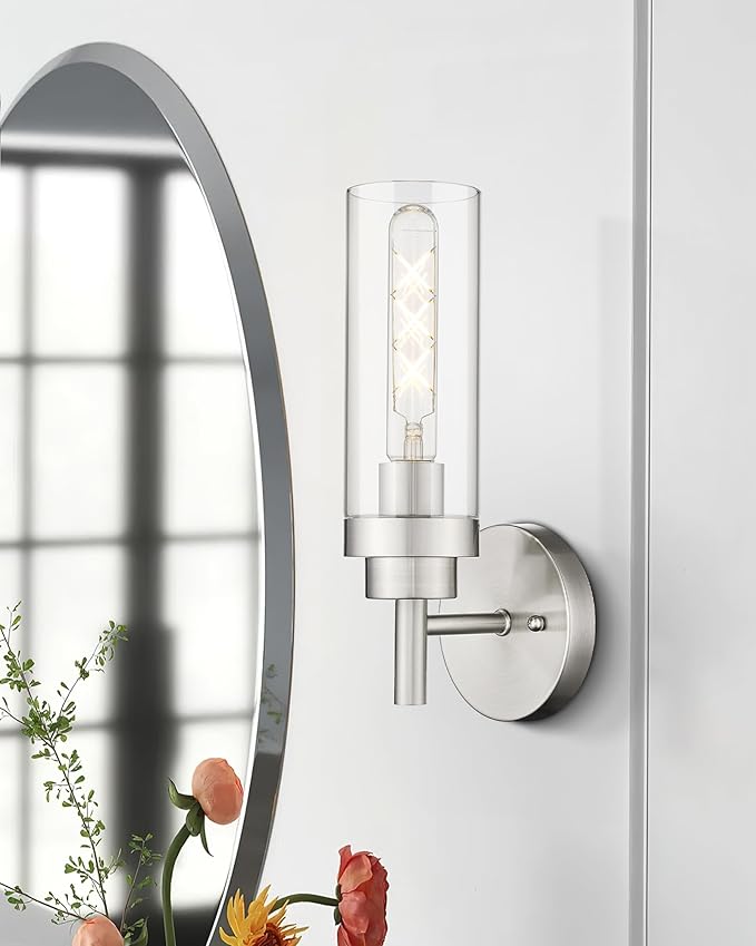 Emak Modern Wall Lights, Brushed Nickel Wall Sconces Set of 2, Bathroom Vanity Light with Clear Glass Shade for Bathroom, Bedroom, Living Room, Hallway, WS085-BN-2PK