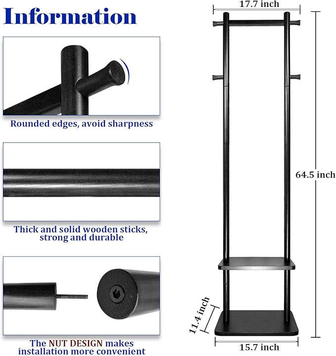 Coat Rack,Freestanding Hall Tree for Entryway Home Bedroom Office,Sturdy Wooden Coat Hanger Stand for Clothes Jacket Hats Bags(Black)