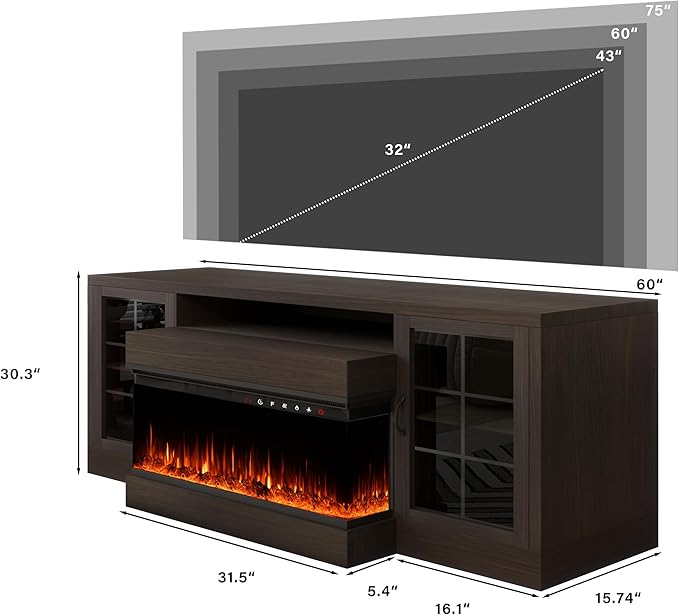 CharaVector 3-Sided Farmhouse TV Stand for TVs up to 75'', Modern TV Console with Glass Door Storage Cabinet, 60'' Large TV Stands for 30''Fireplace, Brown (ONLY TV Stand)