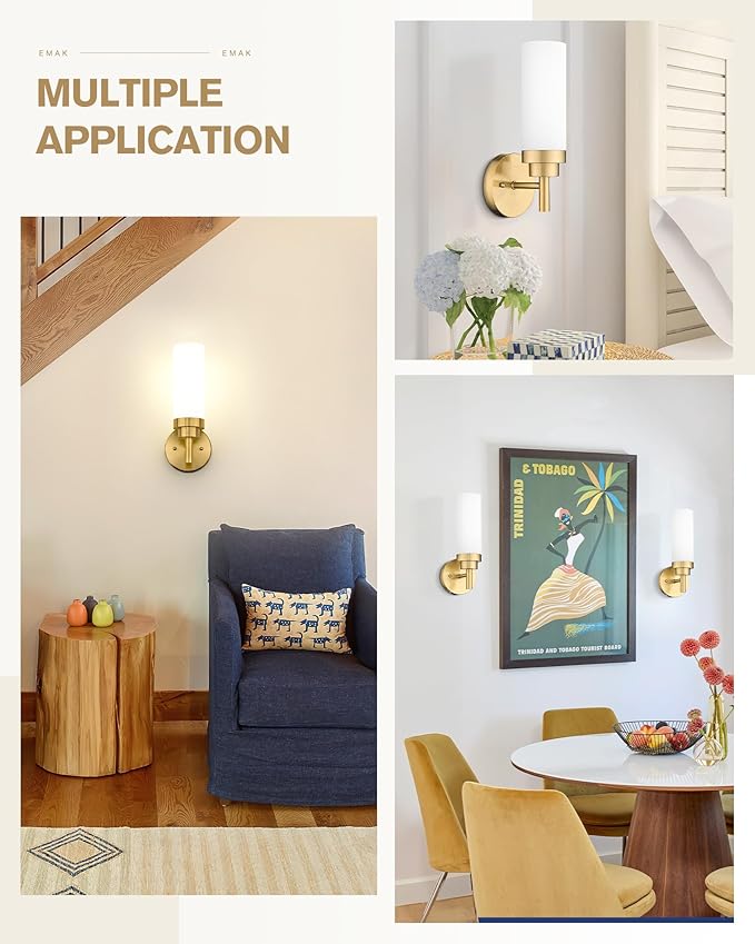 Emak Modern Wall Sconces, Brushed Gold Bathroom Lighting Fixtures with Milk Glass Shade, Vanity Lights for Bathroom, Mirror, Hallway, Bedroom, WS085-BGD-ML