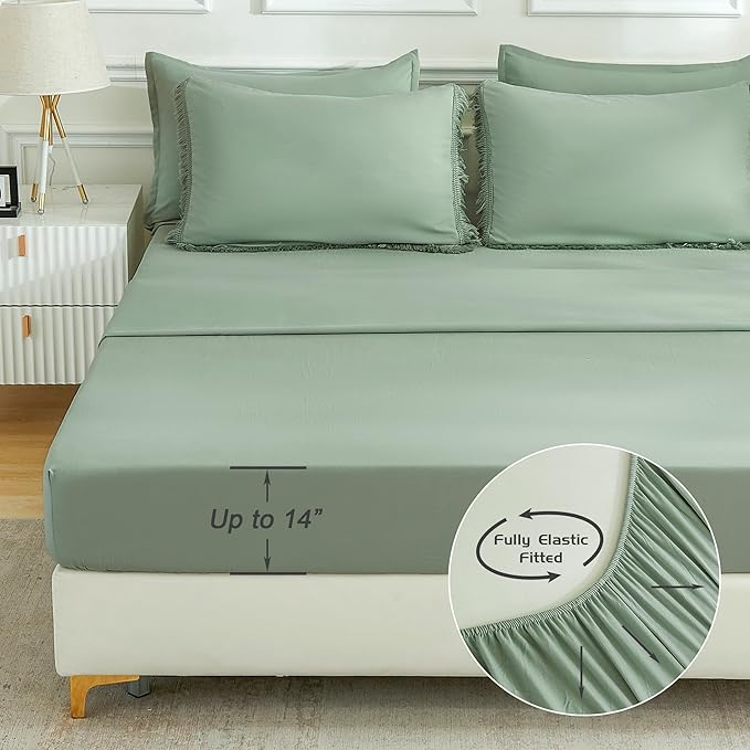 Andency Full Size Comforter Set Sage Green -7 Pieces Boho Tassel Bed in a Bag Soft Lightweight Bedding Sets, All Season Fringe Bed Set with Comforter, Sheets, Pillowcases & Shams