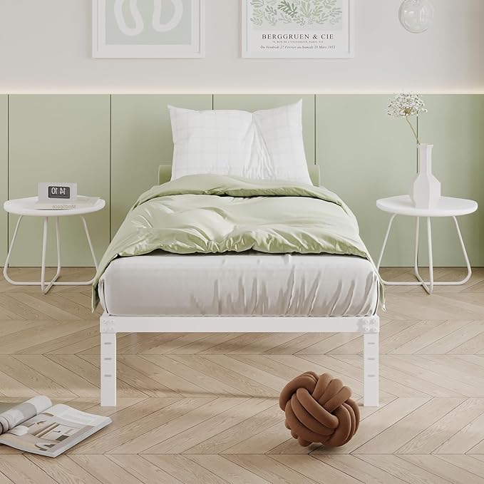 12 Inch Twin Bed Frames, Heavy Duty Metal Twin Platform Bed Frame, No Box Spring Needed, Easy Assembly, Noise-Free, White