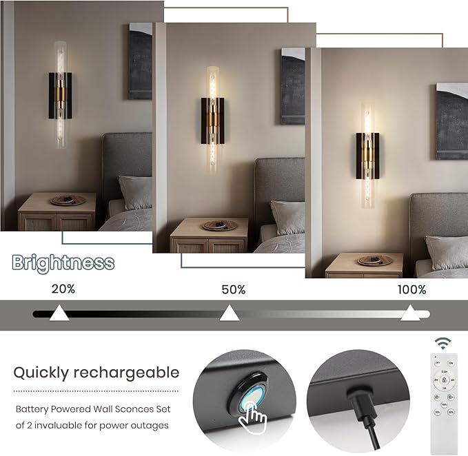 Wall Sconce Set of Two, Battery Operated Wall Sconce, Rechargeable Wall Lamp with Remote, Indoor Non-Hardwired Wall Sconces, Modern Vanity Light for for Bedroom, Hallway, Aisle