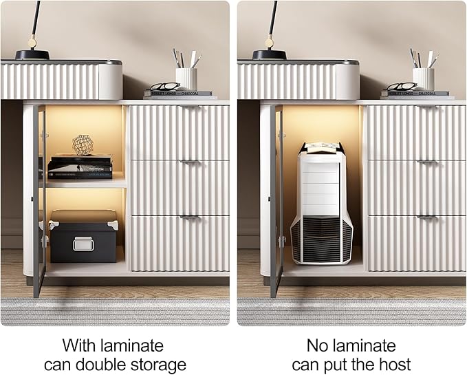 Lartis Office Desk, Very Easy to Assemble, Computer Desk, Home Telescopic Writing Desk, Modern Computer Desk with Retractable Cabinet Built-in LED Lights (Ivory, 47 in)
