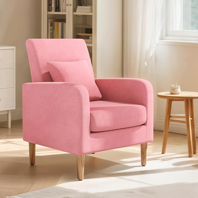 Magshion Mid-Century Accent Chair for Living Room, Comfy Reading Chair for Bedroom, Upholstered Linen Fabric Armchair Single Sofa with Back Pillow & Wood Legs, 300 lbs Capacity, Pink