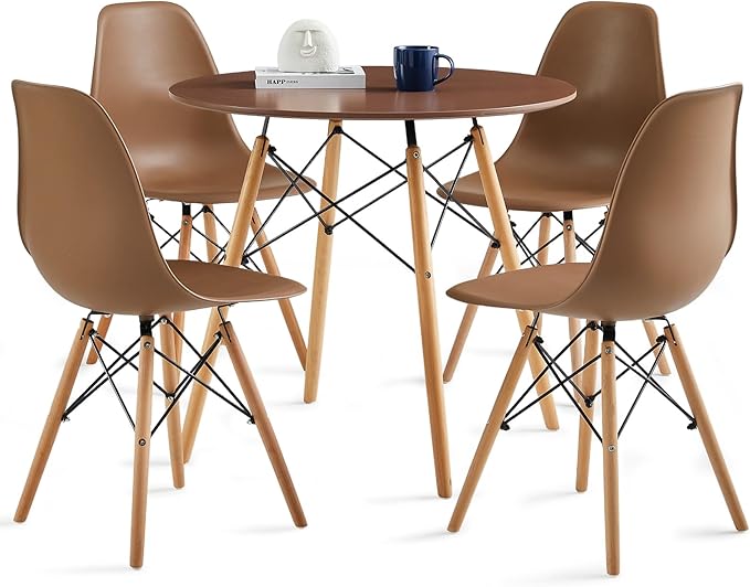 Round Dining Table Set for 4 31.5" Wood Dinner Table Circle Dining Table Kitchen Table Chairs Set of 4 with Wood Strip Base for Kitchen Living Room Space Saving Apartment(Brown)