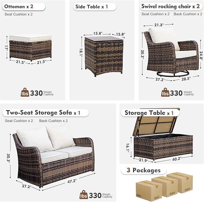 Outdoor Patio Furniture Set with Swivel Chairs, 7 Pieces Wicker Rattan Sofa Couch with Loveseat, Patio Conversation Set with Rocker Patio Chair, 2 Ottomans and Coffee Table (Brown)