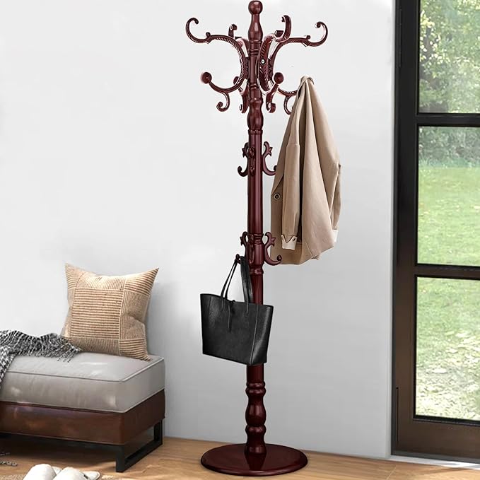 Coat Rack Freestanding, Wooden Coat Tree with Stable Round Base, Vintage Heavy Duty Coat Rack Stand with 14 Hooks, Coat Hanger Stand for Bedroom, Office, Entryway (Mahogany)
