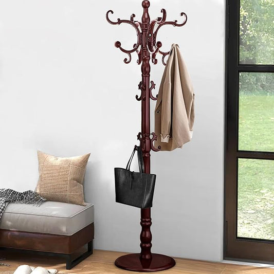 Coat Rack Freestanding, Wooden Coat Tree with Stable Round Base, Vintage Heavy Duty Coat Rack Stand with 14 Hooks, Coat Hanger Stand for Bedroom, Office, Entryway (Mahogany)