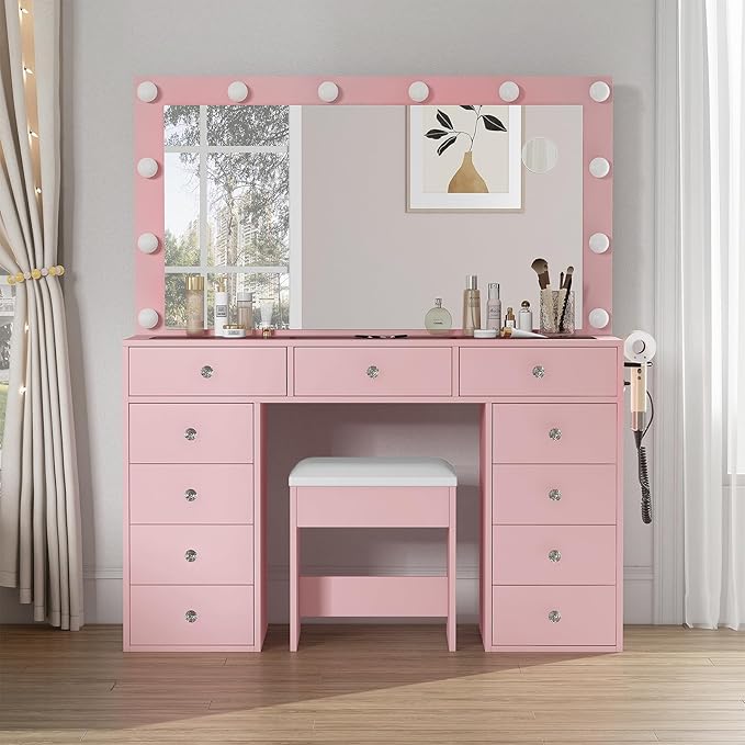 11 Drawers Vanity Desk with Power Outlet, Makeup Vanity with Mirror and 12 LED Lights, 3 Lighting Modes, Glass Top, Dressing Table for Bedroom, Pink
