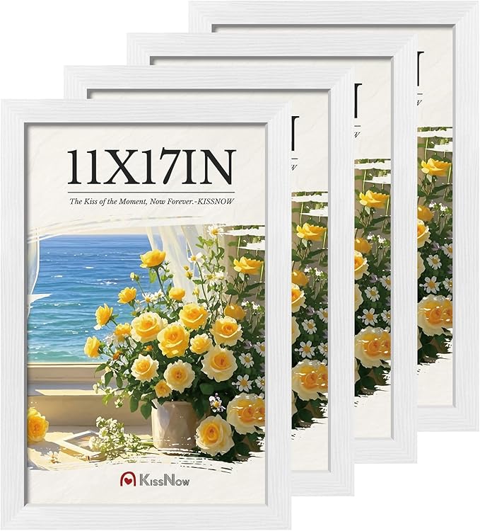 11x17 Picture Frame 4 Pack, Textured White Solid Wood, Wall Gallery Poster Frame