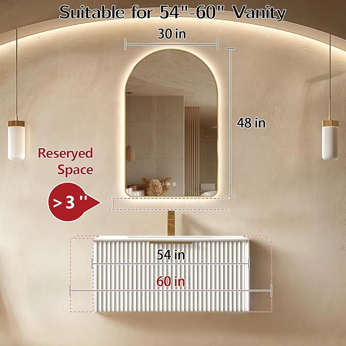 Niccy Arched LED Lighted Bathroom Mirror, 48x30 Inch Backlit Vanity Bathroom Mirror with Lights Brushed Gold Framed Wall Mounted Mirrors with 3 Color Shatterproof Arch Smart Fog Free Mirror