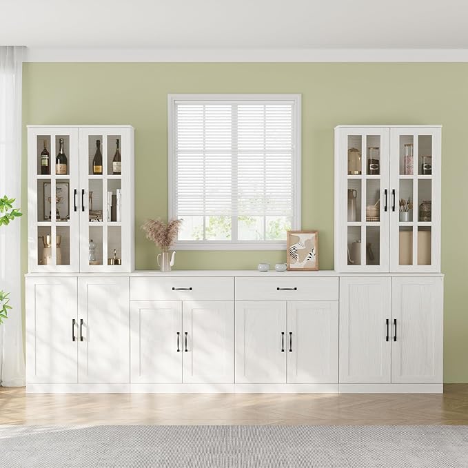 VOWNER 95" TV Stand for TVs up to 75", 4-Piece TV Hutch with Cabinets, Entertainment Center with Bookshelves, Modular TV Console for Living Room, 2D+2F (White)