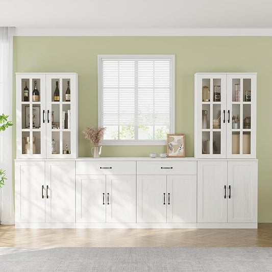 VOWNER 95" TV Stand for TVs up to 75", 4-Piece TV Hutch with Cabinets, Entertainment Center with Bookshelves, Modular TV Console for Living Room, 2D+2F (White)