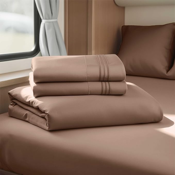 Clara Clark Bed Sheets, Premier 1800 Series 4 Piece RV Queen Sheet Set, Luxury Soft Sheets for RV Bunks, Short Queen - Chocolate Brown