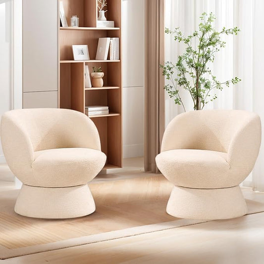 360° Swivel Boucle Bucket Chair, Accent Barrel Makeup Vanity Chair Modern Lounge Single Sofa with Padded Armrest for Dining Room, Living Room, Bedroom and Home Office (Set of 2 Beige)