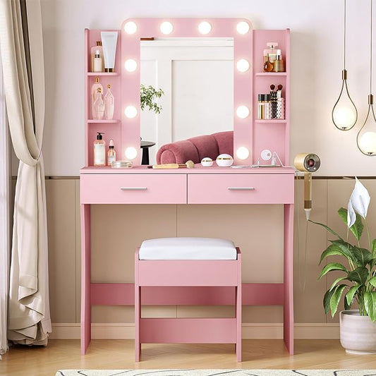Vabches Vanity Desk with Lights,Makeup Vanity with Power Strip,Dressing Table Set with 2 Large Drawers,Vanity Mirror 3 Lighting Color Adjustable,Pink