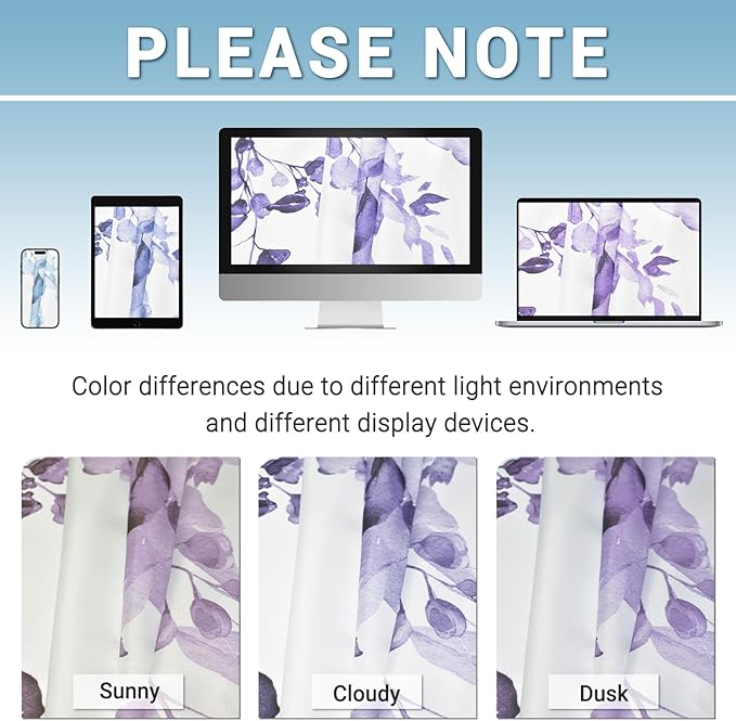 No Hook Shower Curtain with Snap in Liner - Eucalyptus Shower Curtain - Washable Waterproof Inner Liner, Plants Purple Leaves Modern Shower Curtains - Machine Washable, 71 x 74