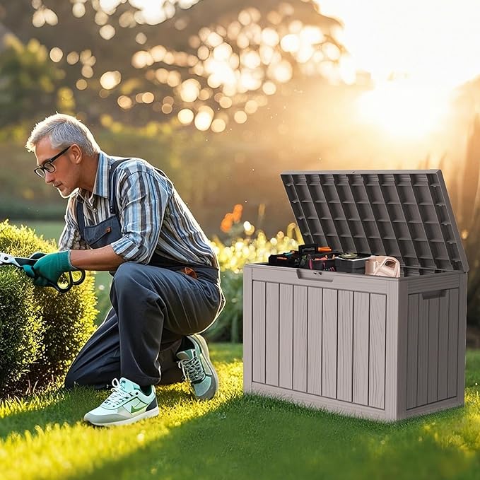 Outdoor Storage Box, 45 Gallon Waterproof Deck Box for Backyard Garden Tools, UV-Resistant Lockable Outside Storage Box for Patio Cushions, Package Delivery Box, Grey