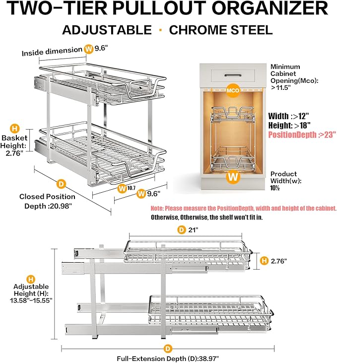 2-Tier Kitchen Cabinet Pull Out Shelf and Drawer Organizer Slide Out Pantry Storaqe Basket in Multiple Sizes (10.7x 21 D)