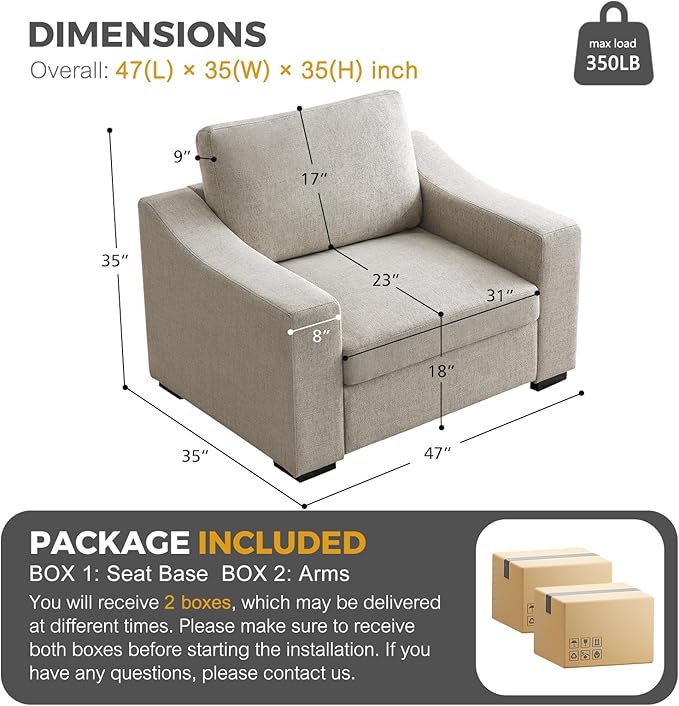 ELUCHANG 47" Oversized Accent Chair Set of 2, Linen Fabric Modern Chair with Washable Covers, Comfortable Upholstered Large Armchair for Living Room, Bedroom, Office, Oatmeal