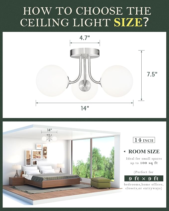 3-Globe Brushed Nickel Semi Flush Mount Ceiling Light in a Modern Farmhouse Design is Ideal for Living Rooms, Bedrooms, or Dining Rooms. Model:CKCL4845-3W-BN
