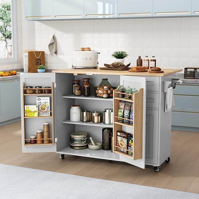 HLR Kitchen Island with Storage, Grey Rolling Kitchen Island on Wheels with Drop-Leaf Bar Countertop, Prep Table with Side Open Spice Rack and Tower Rack, Home Bar Carts with Storage