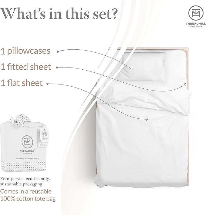 Threadmill - Twin Sheets Sets Soft 100% Cotton Cooling Sheets Deep Pocket Snug Fit Elastic, 500 Thread Count, 3-Pc, Hotel Quality Bed Sheets, Beats Egyptian Cotton Claim (Pure White)