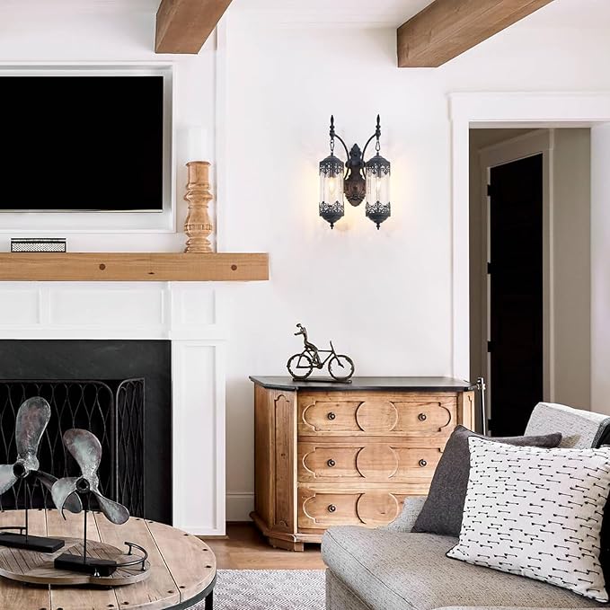 Rustic Glass Wall Sconce Vintage 2-Lights Antique Gothic Wall Light Fixture Retro Farmhouse Mid Centry Lantern Wall Sconce for Bedroom, Living Room, Mirror, Black, E12