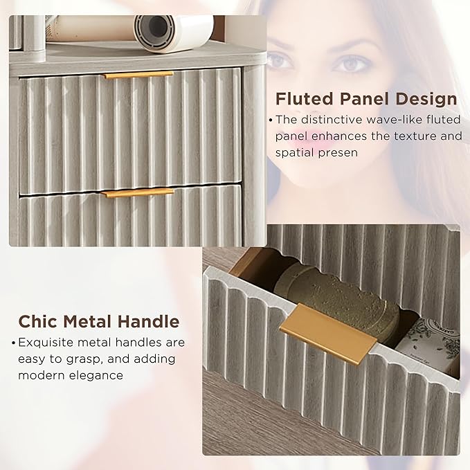 T4TREAM 48" Fluted Makeup Vanity Desk with Large 36" Mirror and Lights, Modern Glass Top Big Vanity Table w/5 Drawers & Adjustable Shelves, Dressing Table w/Charging Station for Bedroom, White Alder