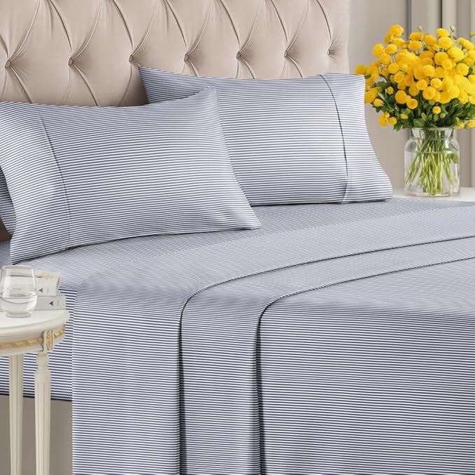 Blue and White Striped Sheets - 1 Flat & 1 Fitted Sheet & 2 Pillowcases w/ Deep Pockets - Cozy, Wrinkle & Fade Resistant - Ultra-Soft, Breathable and Cooling - Luxury Pinstripe Bedding - Full Size